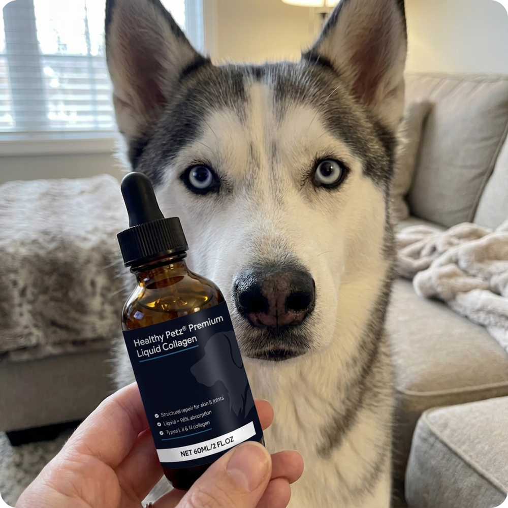 Husky with a bottle of Healthy Petz Liquid Collagen